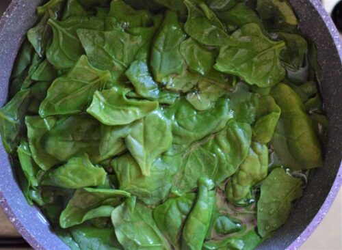 Spinach blanching in a pot