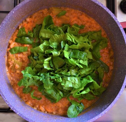 Add spinach to the red lentil soup