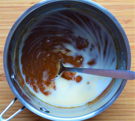 Add rice milk to the vegan salted caramel sauce