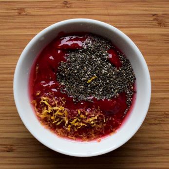 Jam ingredients: raspberries. chia seeds, lemon zest