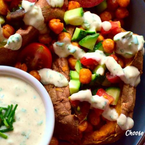 Baked sweet potato chickpea bowl with yoghurt dressing