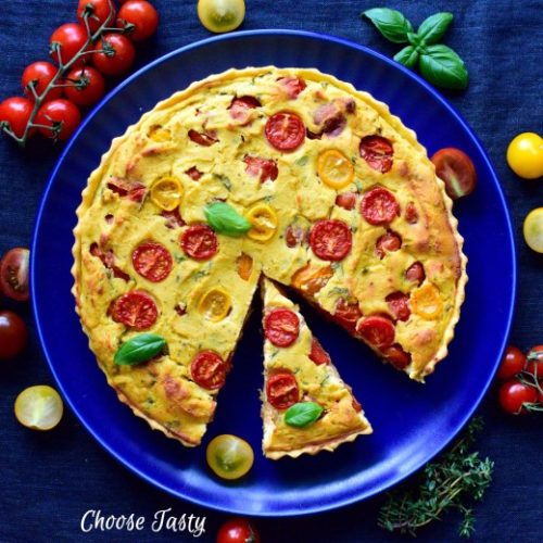 Vegan cherry tomato quiche with basil and thyme